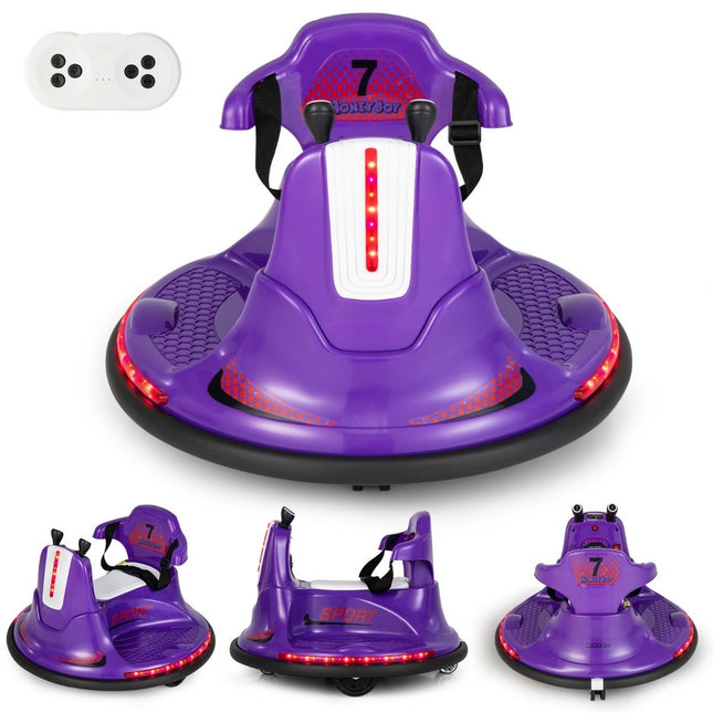 6V bērnu bufera automašīna ar 360 grādu rotāciju, mūziku un krāsainām LED gaismām, violeta
