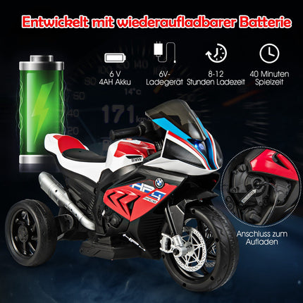 6V bērnu elektriskais motocikls ar mūziku, priekšējo lukturi, 3 riteņi, sarkans