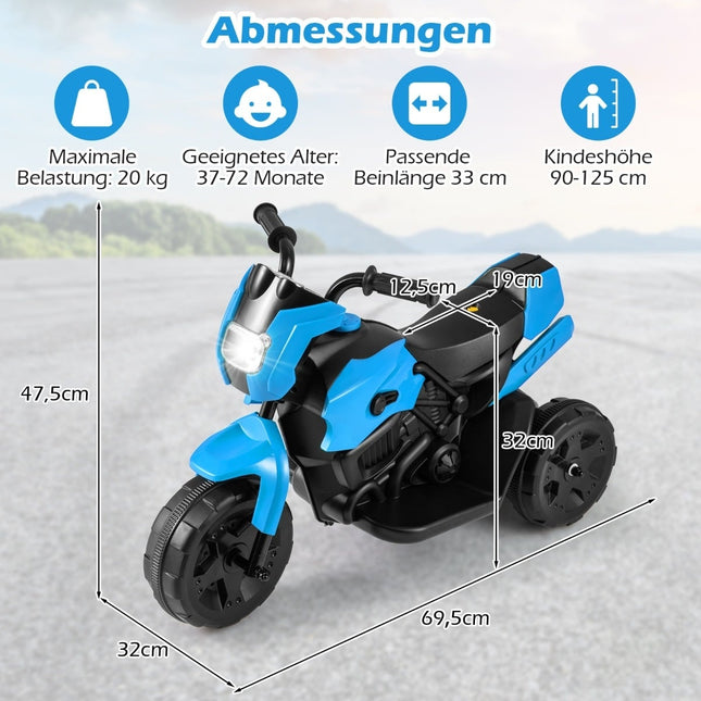 6 V bērnu elektriskais motocikls ar 3 riteņiem, LED gaismas