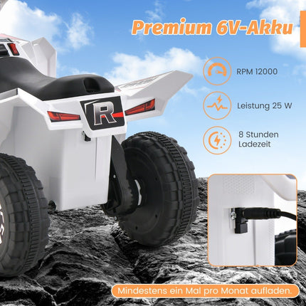 6 V bērnu elektriskais kvadracikls ar braukšanas virziena slēdzi, bērnu mini elektriskais kvadracikls, balts