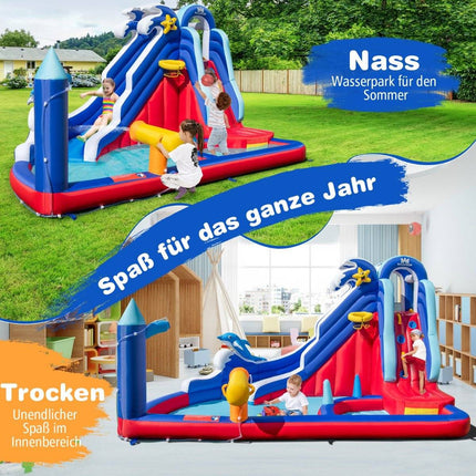 6 vienā piepūšamā atrakciju pils ar kāpšanas sienu, baseinu, ūdens lielgabalu un basketbola grozu