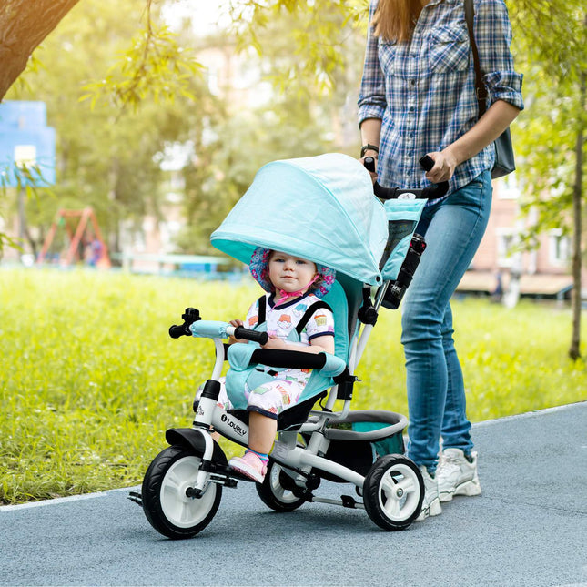 6-vienā trīsritenis ar stūmējstieni, bērnu trīsritenis ar noņemamu saules jumtiņu, spilvenu, līdzsvara velosipēds ar 5 punktu drošības jostu, grozu, krūzīšu turētāju, bērniem no 1 līdz 5 gadu vecumam, zaļš