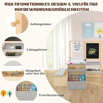 6 vienā bērnu molbertu komplekts ar divpusēju krīta tāfeli un baltu tāfeli un pelēku papīra rulli