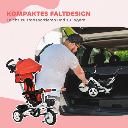 Bērnu trīsritenis 6-vienā ar stūmēju, jumtiņu, jostu un uzglabāšanas grozu, 18+ mēneši, sarkans