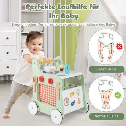 6 in 1 wooden baby walker with play kitchen & learning clock & shape adjustment & movable slider green