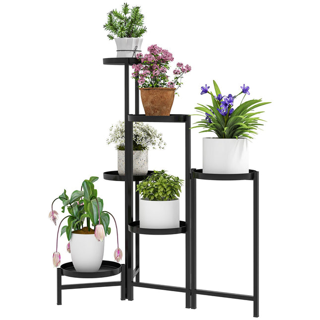 6 līmeņu augu statīvs ar tabletēm, saliekams ziedu statīvs lietošanai iekštelpās, metāla augu plaukts, daudzlīmeņu ziedu plaukts, 80 cm augsta puķu kāpņu puķu kolonna dārza balkonam, melna