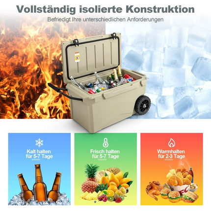 71 litru izolēta kaste ar pudeļu attaisāmo, rokturi un riteņiem, pārnēsājama dzesēšanas kaste, siltuma konteiners, haki krāsā