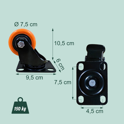 75 mm grozāmie riteņi, 4 gab. komplekts – tērauda, ​​ar PVC pārklājumu