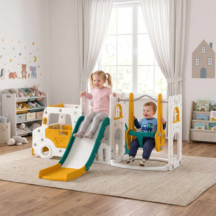 7-in-1 Toddler Slide and Swing Set with Car and Crawl Tunnel, 1–4 Years, White