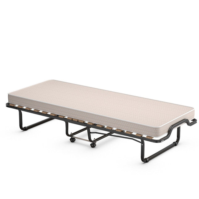 80 x 200 cm saliekamā viesu gulta saliekamā gulta ar matraci, kas izgatavots no atmiņas putām, bēšā krāsā, ražota Itālijā. Izcelsmes valsts: Itālija.