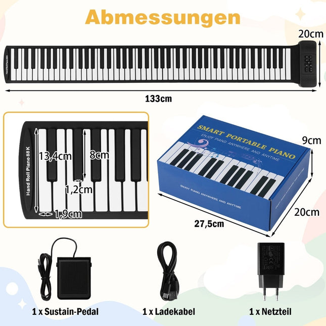 88 taustiņu sarullējamās klavieres, pārnēsājamas ar 128 ritmiem un MIDI