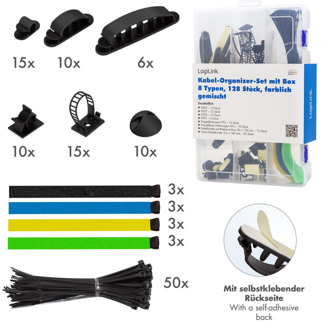 8 Piece Cable Management Set 128 Pieces Assorted Colors