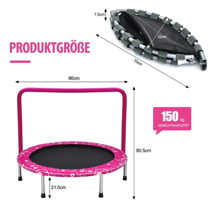 92 cm bērnu batuts, mini batuts ar rokturi, saliekams batuts, celtspēja līdz 150 kg, rozā + melns