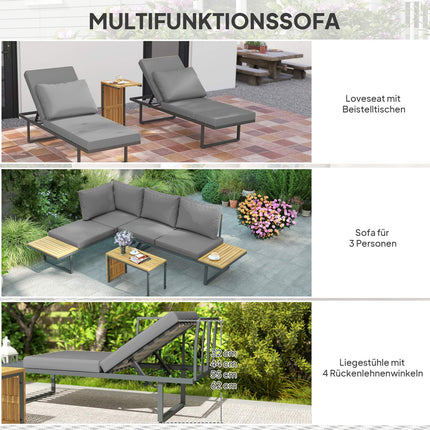 Akācijas koka dārza mēbeļu komplekts 6 personām, L-veida dārza atpūtas telpa ar stūra soliņu, regulējama atzveltne, sānu galdiņš, spilvens, balkona mēbeļu komplekts, āra sēdvietu grupa dārzam, terase, balkons, gaiši pelēks