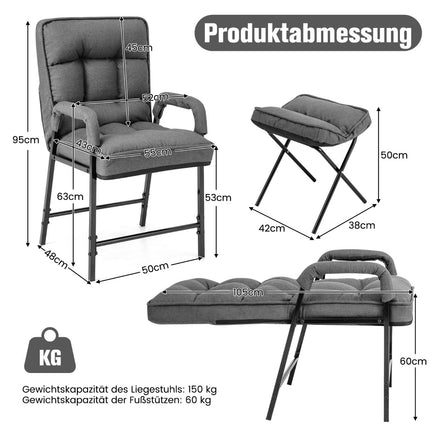 Akcenta krēsla un pufa komplekts, regulējama atzveltne, pelēks lins