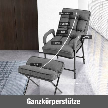 Akcenta krēsla un pufa komplekts, regulējama atzveltne, pelēks lins