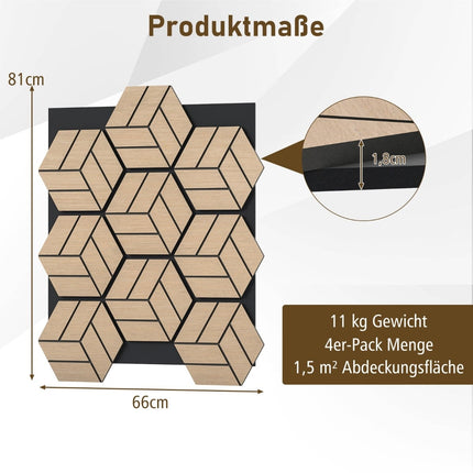 Akustiskie sienas paneļi, sešstūraini koka, skaņu absorbējoši, 4 gab. iepakojumā