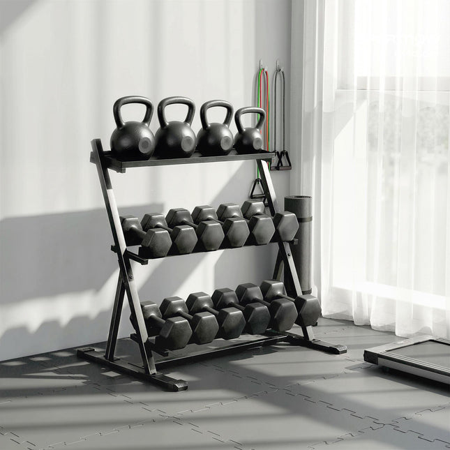Regulējams 3 līmeņu hanteļu statīvs, 200 kg celtspēja, neslīdošs