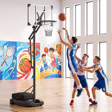 Regulējams basketbola grozs ar triecienizturīgu pamatni un riteņiem