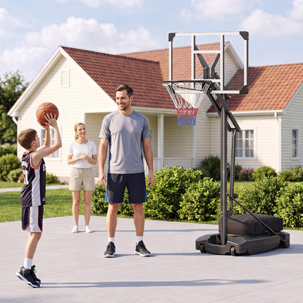 Regulējams basketbola grozs ar triecienizturīgu pamatni un riteņiem