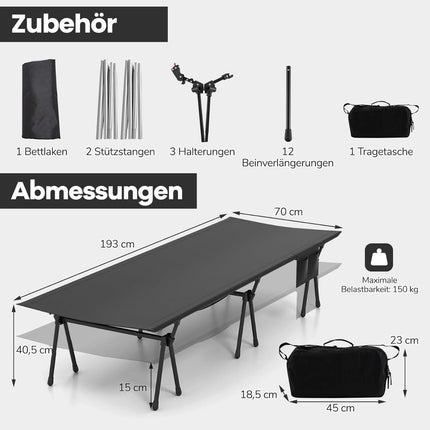 Regulējama kempinga gulta ar uzglabāšanas vietu, 193x70 cm, celtspēja 150 kg