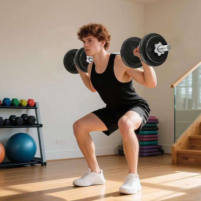 Regulējams hanteļu un stieņa komplekts, 20 kg, neslīdošs rokturis
