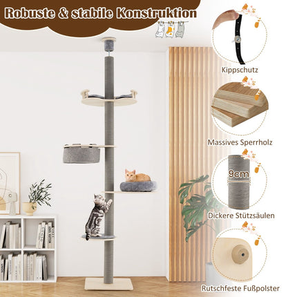 Regulējams kaķu koks no grīdas līdz griestiem, 236-271 cm, pelēks