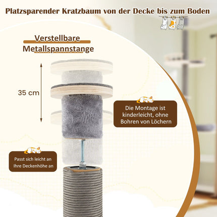 Regulējams kaķu koks no grīdas līdz griestiem, 236-271 cm, pelēks