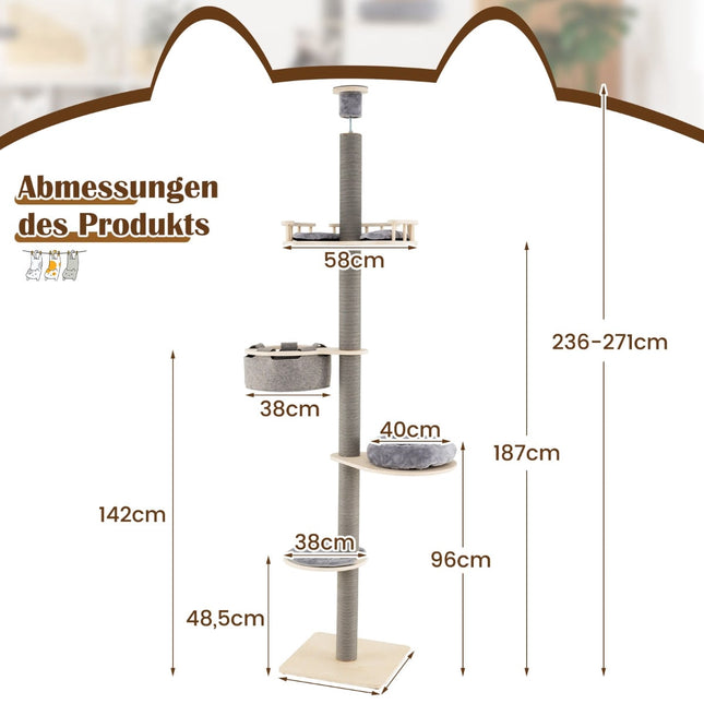 Regulējams kaķu koks no grīdas līdz griestiem, 236-271 cm, pelēks