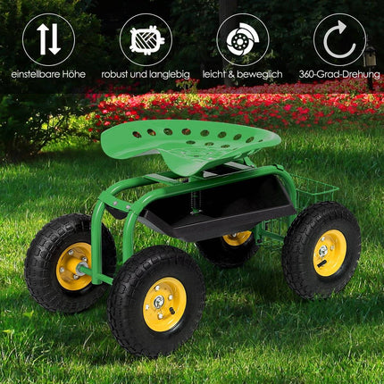 Regulējams dārza sēdeklis ar riteņiem, 360° grozāms, uzglabāšanas grozs