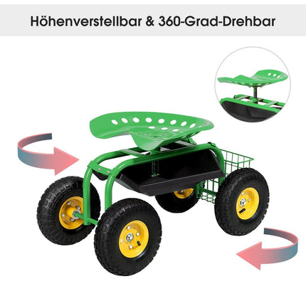 Regulējams dārza sēdeklis ar riteņiem, 360° grozāms, uzglabāšanas grozs