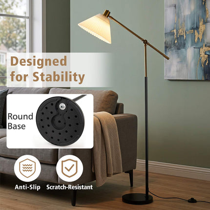 Regulējama zelta grīdas lampa ar auduma abažūru, 157 cm