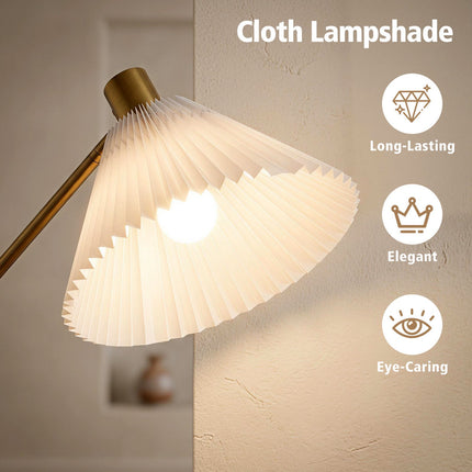 Regulējama zelta grīdas lampa ar auduma abažūru, 157 cm
