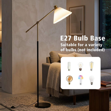Regulējama zelta grīdas lampa ar auduma abažūru, 157 cm
