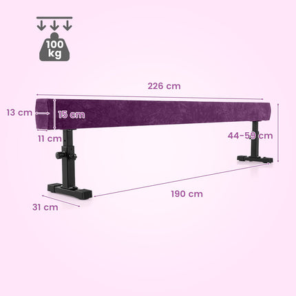 Regulējama vingrošanas sija, 226 cm, 3 augstumi, violeta