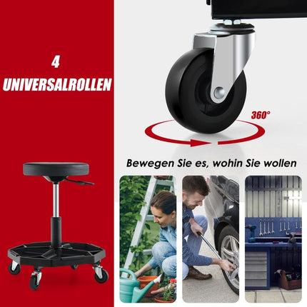 Regulējams mehāniķa krēsls ar instrumentu paplāti, 150 kg celtspēja