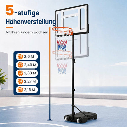 Regulējams āra basketbola grozs ar riteņiem, 2,15–2,6 m augstums