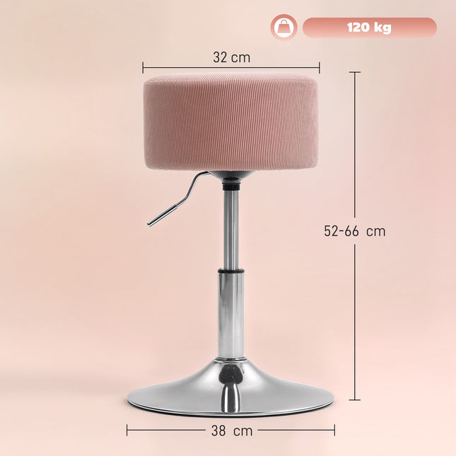 Regulējams rozā velveta bāra krēsls, 360° grozāms, metāla pamatne
