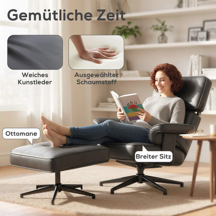 Regulējams atpūtas krēsls ar pufu, mākslīgā āda, melns