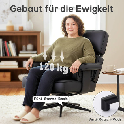 Regulējams atpūtas krēsls ar pufu, mākslīgā āda, melns