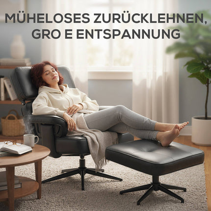 Regulējams atpūtas krēsls ar pufu, mākslīgā āda, melns
