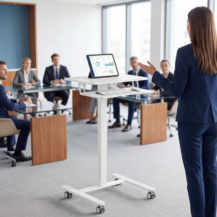Regulējams, riteņojams rakstāmgalds ar klaviatūras paliktni, balts