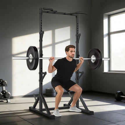 Regulējams pietupienu statīvs ar pievilkšanās stieni, 200 kg, melns