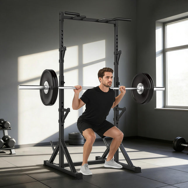Regulējams pietupienu statīvs ar pievilkšanās stieni, 200 kg, melns