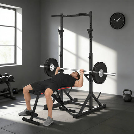 Regulējams pietupienu statīvs ar pievilkšanās stieni, 200 kg, melns