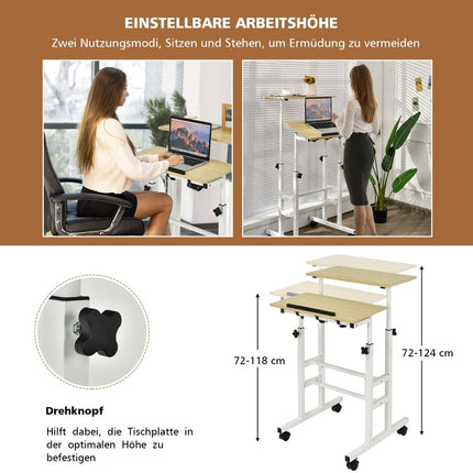 Regulējams stāvgalds ar riteņiem, balts/dabīgs