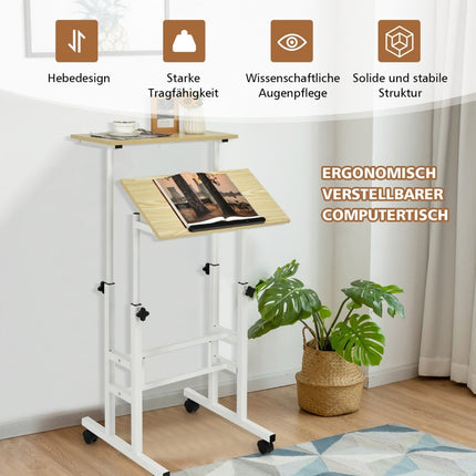 Regulējams stāvgalds ar riteņiem, balts/dabīgs