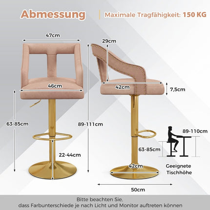 Regulējami samta bāra krēsli, rozā, 2 gab. komplekts, 63-85 cm