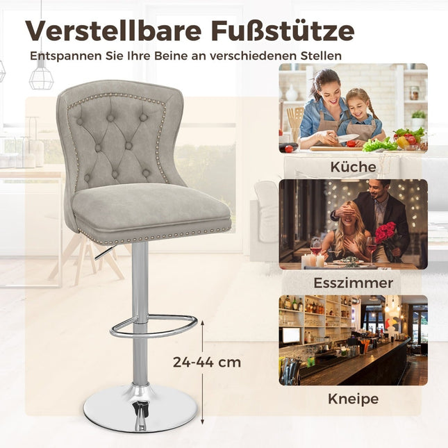 Regulējami samta bāra krēsli, 2 gab. komplekts, pelēki, 67-87 cm