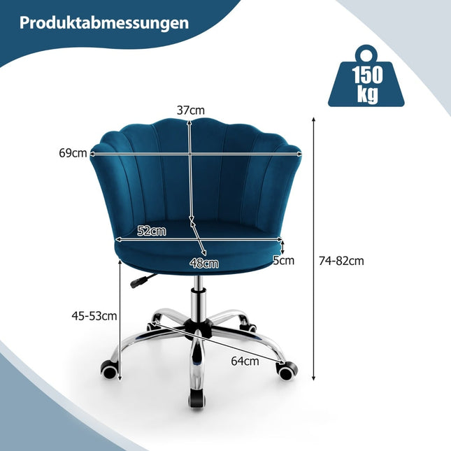 Regulējams samta biroja krēsls ar riteņiem, ergonomisks, zils